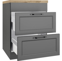 Grauer Unterschrank mit zwei Schubladen und einer hellen Holzplatte