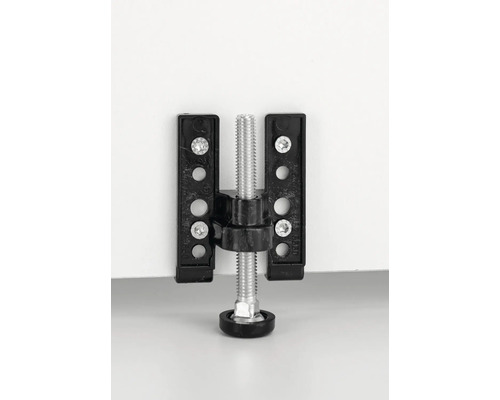 Verstellfuß für Möbel mit Montageplatten und Gewindestab.