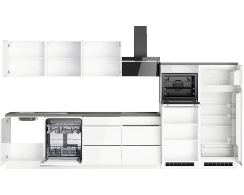 Moderne Einbauküche mit Spüle, Geschirrspüler, Backofen, Dunstabzugshaube, Kühlschrank und Hängeschränken