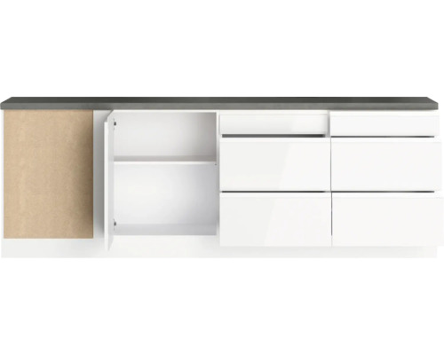 Waschtischunterschrank mit Schubladen und einer offenen Tür