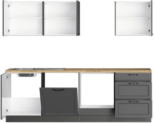 Küchenzeile mit Spüle, Schubladen und Hängeschränken