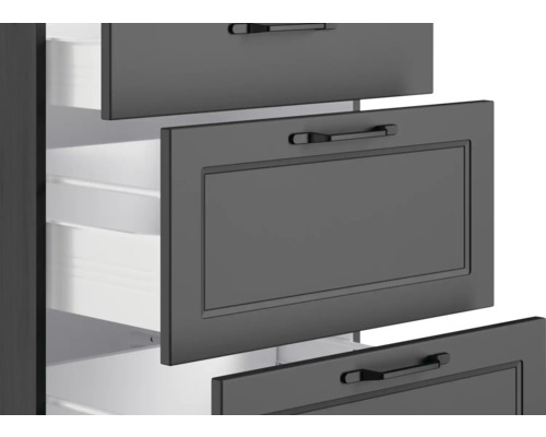 Detailaufnahme eines Schubladenelements mit mehreren Auszügen und Griffen