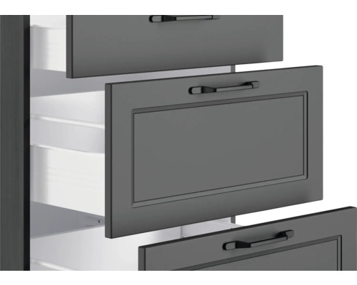 Detailaufnahme eines Schranks mit mehreren Schubladen und Griffen