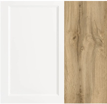 Küchenfront mit Holzdekor und weißer Front