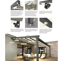 Detailansicht einer Pergola mit Führungsschiene, Säule, Stoffbalken, Tuch, Antriebseinheit, LED-Spotbeleuchtung und Regenrinne zur Veranschaulichung der Konstruktion