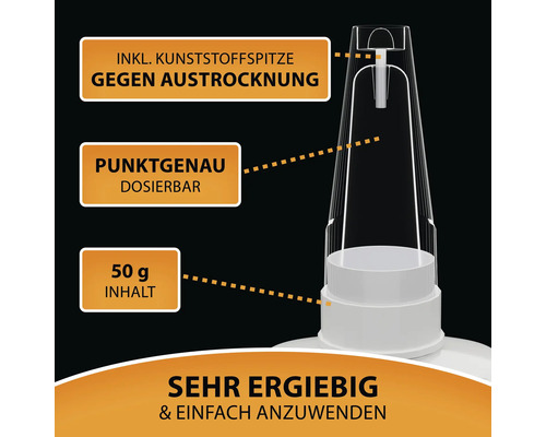 Detailansicht einer Kartusche mit Kunststoffspitze zum Schutz vor dem Austrocknen, punktgenauer Dosierung und einem Inhalt von 50 Gramm.