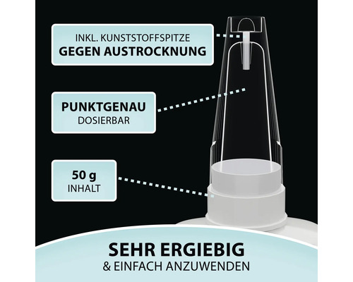 Produktmerkmale: Inklusive Kunststoffspitze gegen Austrocknung, punktgenau dosierbar, 50 Gramm Inhalt, sehr ergiebig und einfach anzuwenden.