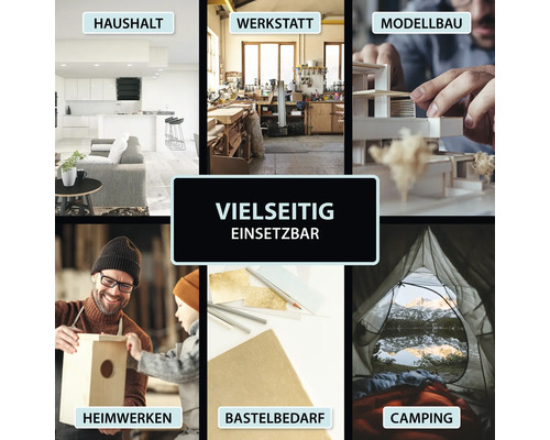 Collage mit verschiedenen Einsatzbereichen: Haushalt, Werkstatt, Modellbau, Heimwerken, Bastelbedarf, Camping
