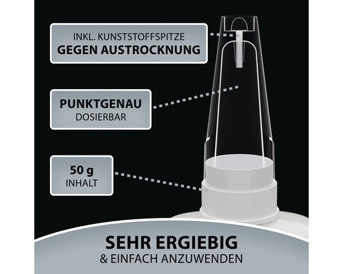 Detailansicht einer Kartusche mit Kunststoffspitze zum Schutz vor Austrocknung, punktgenauer Dosierung und einem Inhalt von 50 Gramm.