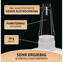 Detailabbildung eines Klebstoffbehälters mit Informationen zu Kunststoffspitze, Dosierbarkeit, Inhalt und Ergiebigkeit