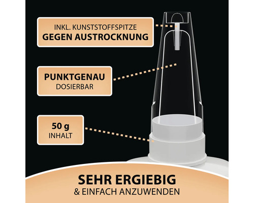 Detailabbildung eines Klebstoffbehälters mit Informationen zu Kunststoffspitze, Dosierbarkeit, Inhalt und Ergiebigkeit