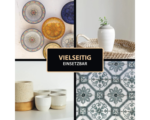 Collage mit Dekorationsgegenständen: Teller, Vasen und Fliesen