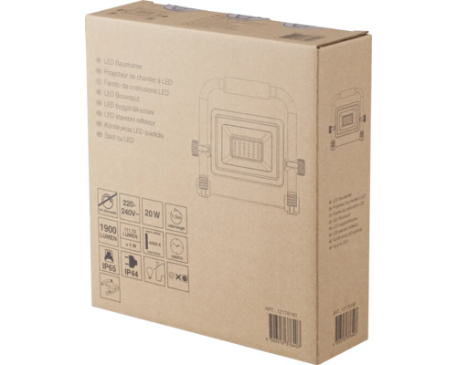Verpackung eines LED-Baustrahlers mit technischen Daten wie 20 Watt, 1900 Lumen und IP65 Schutzart