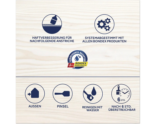 Informationen zu Haftverbesserung, Systemabstimmung, Außenbereich, Pinselreinigung und Überstreichbarkeit nach sechs Stunden
