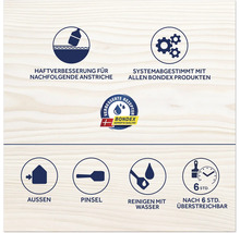 Informationen zu Haftungsverbesserung, Systemabstimmung mit Bondex Produkten, verbesserter Rezeptur, Außeneinsatz, Pinselreinigung mit Wasser und Überstreichbarkeit nach sechs Stunden