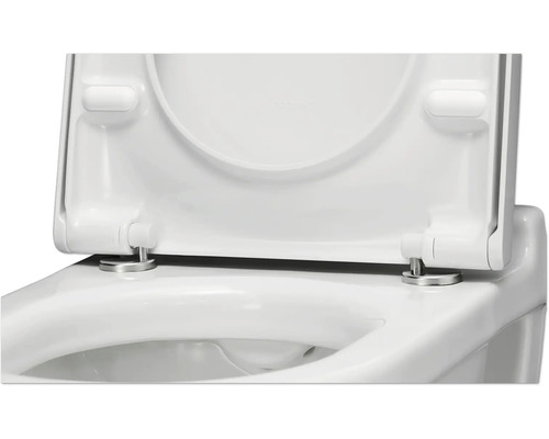 Detailaufnahme eines weißen Toilettendeckels mit geöffnetem Deckel