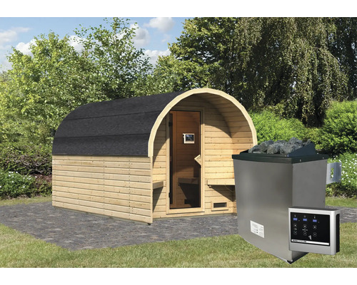 Außensauna mit Holzofen und Steuerung im Garten