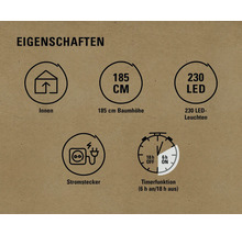 Produktmerkmale: geeignet für Innenräume, 185 cm Baumhöhe, 230 LED Lichter, Stromstecker, Timerfunktion sechs Stunden an und 18 Stunden aus