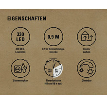 Eigenschaften: 330 LEDs, 0,9 Meter Beleuchtungsstrecke, Innen- und Außenbereich, Stromstecker, Timerfunktion, Dimmbar