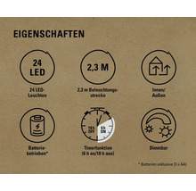 Eigenschaften: 24 LED Leuchten, 2,3 m Beleuchtungsstrecke, für Innen und Außen, Batteriebetrieb, Timerfunktion sechs Stunden an und 18 Stunden aus, dimmbar