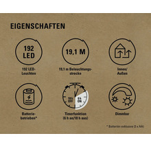 Eigenschaften: 192 LED Leuchten, 19,1 Meter Beleuchtungsstrecke, Innen- und Außenbereich geeignet, Batteriebetrieb, Timerfunktion, Dimmbar