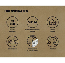 Eigenschaften: 40 LEDs, 5,85 Meter Beleuchtungsstrecke, für Innen- und Außenbereich geeignet, Stromstecker, Timerfunktion mit sechs Stunden an und 18 Stunden aus, dimmbar