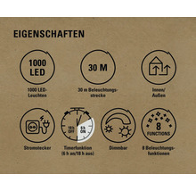Eigenschaften: 1000 LED Leuchten, 30 Meter Beleuchtungsstrecke, Innen- und Außenbereich, Stromstecker, Timerfunktion (6 Stunden an, 18 Stunden aus), Dimmbar, 8 Beleuchtungsfunktionen.