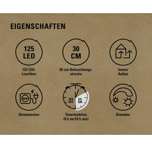 Eigenschaften: 125 LEDs, 30 Zentimeter Beleuchtungsstrecke, für Innen und Außen geeignet, Stromstecker, Timerfunktion sechs Stunden an und 18 Stunden aus, dimmbar