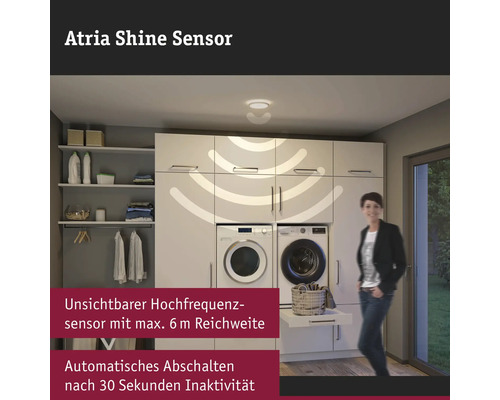 Atria Shine Sensor im Hauswirtschaftsraum mit Waschmaschine und Trockner.