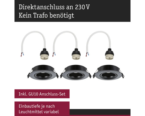 Set mit drei Strahlereinbaurahmen mit GU10 Fassung für den direkten 230-Volt-Anschluss