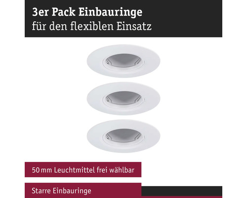 Dreierpack starre Einbauringe für flexible Anwendungen, Leuchtmittel wählbar, 50 Millimeter Durchmesser