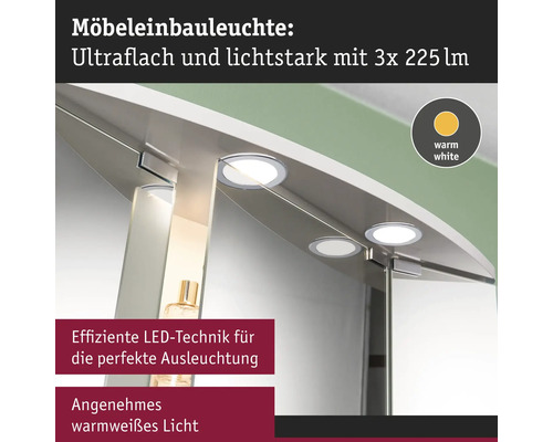 Möbeleinbauleuchte mit drei LED Leuchten in einem Spiegelschrank