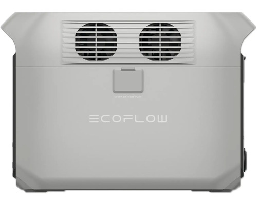 EcoFlow Logo auf tragbarer Powerstation mit Lüfter und Batterieanschluss