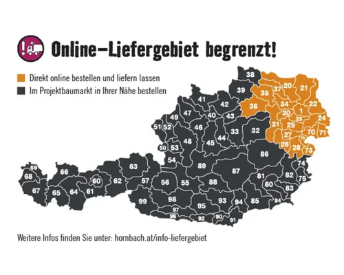 Karte von Österreich, die die Gebiete für Online-Lieferungen hervorhebt