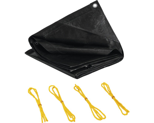 Schwarze Plane mit Ösen und Befestigungsseilen