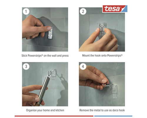 Montageanleitung für einen Haken: Powerstrips anbringen, Haken montieren und Metall entfernen.