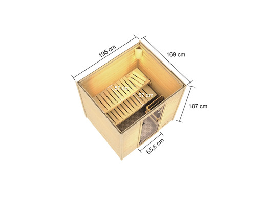 Abmessungen einer Holzsauna mit zwei Bänken, einer Tür und den Massen 195 cm, 169 cm, 187 cm und 65,6 cm.
