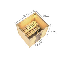 Innenansicht einer Holzsauna mit Bänken und Maßen