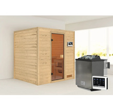 Sauna aus Holz mit Glastür und Saunaofen