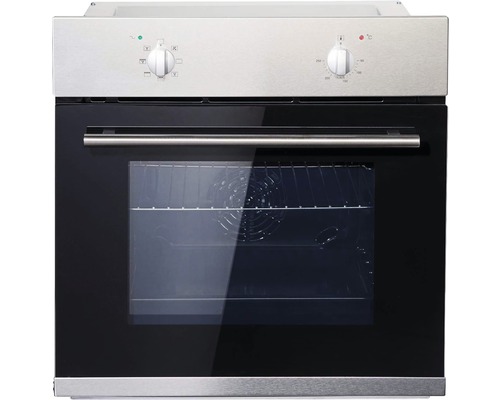 Einbaubackofen mit schwarzer Glastür und Drehknöpfen.