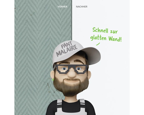 Vorher-Nachher-Vergleich einer Wand mit dem Slogan Schnell zur glatten Wand!