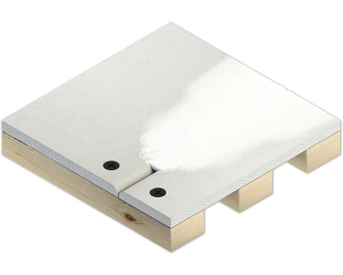 Detailaufnahme einer Gipskartonplatte, die auf einer Holzkonstruktion befestigt ist.