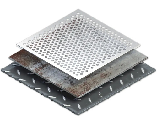 Quadratische Metallplatten mit Lochblech-, Riffelblech- und Stahlplattenstruktur