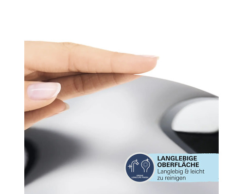Langlebige Oberfläche einer Armatur mit Reinigungshinweis und Grohe Long-Life Finish