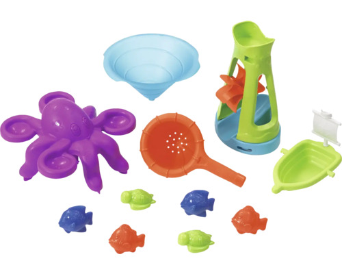 Wasserspielzeug-Set mit Wassermühle, Eimer, Schaufel, Rechen, Boot, Oktopus, Fischen und Schildkröten