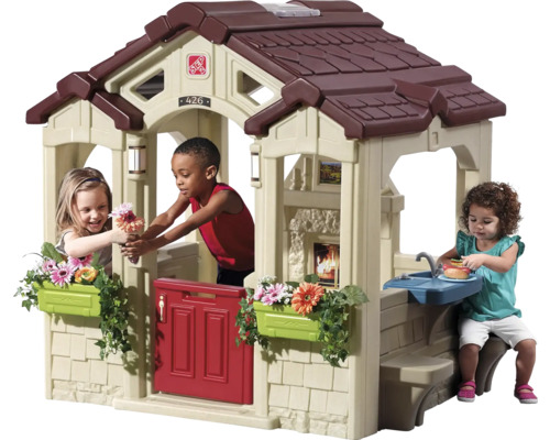 Spielhaus aus Kunststoff mit Tür, Fenstern und Kindern