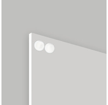 Detailansicht einer magnetischen Glasschreibtafel mit zwei runden Magneten
