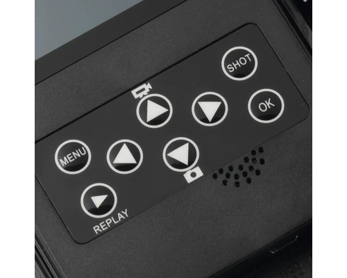 Nahaufnahme der Bedienelemente einer Wildkamera mit Menü, Aufnahmetaste und Wiedergabe