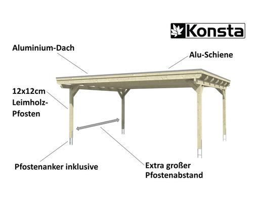 Konsta Logo, Carport mit Aluminiumdach und Leimholzpfosten 12 x 12 Zentimeter