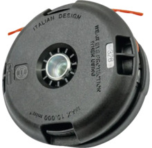 Fadenspule für Rasentrimmer mit italienischem Design und der Aufschrift ''Schutzbrille tragen''